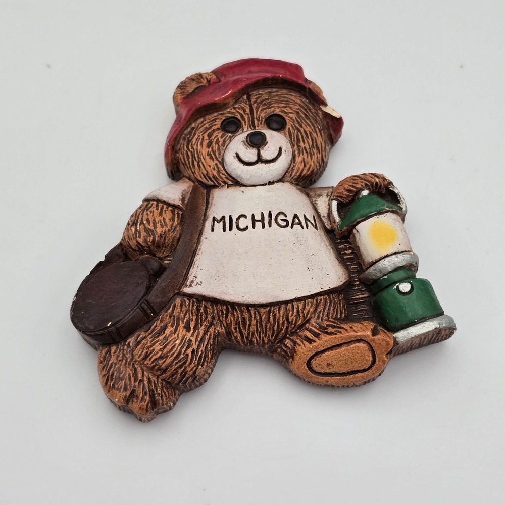 Vtg Michigan Souvenir Refrigerator Magnet Hiker Bear Lantern Red Hat Camping